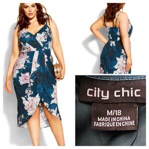 NWT City Chic Dress Plus Size 18 Jade Bloom Blossom Midi Faux Wrap Lined Teal